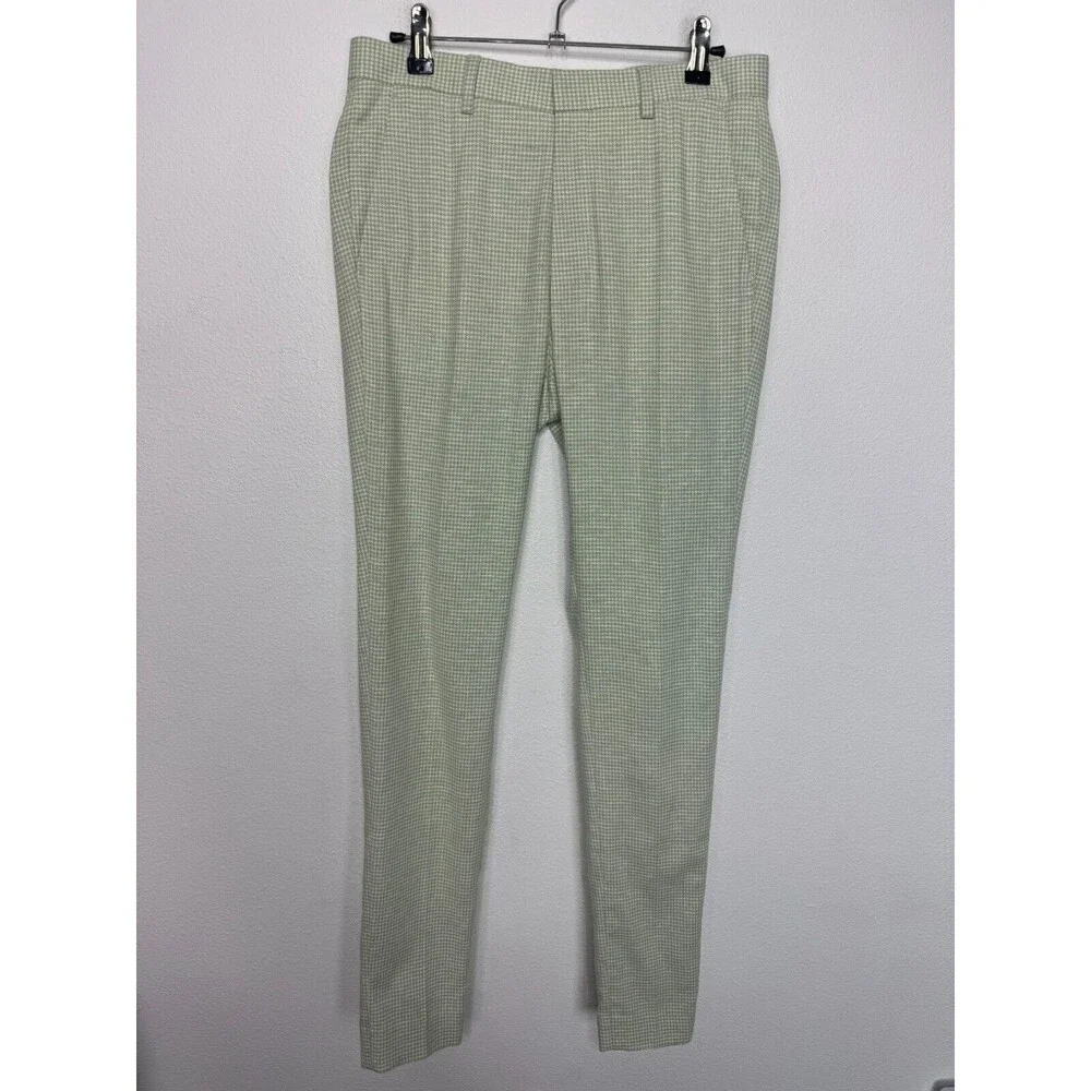 ASOS Design Sz 30 Super Skinny Suit Pant In Puppytooth Check Linen Green Stretch